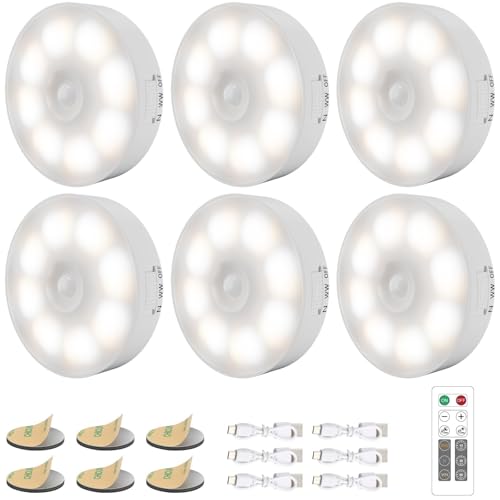 Electight 6 Pack Under Cabinet Lights [with Remote], 16 LEDs Wireless Motion Sensor Light Puck Light, 3 Color Temps Dimmable 3000-6000K, Rechargeable Closet Lights for Cabinet, Closet, Kitchen, Hallway, Stairs - Image 1