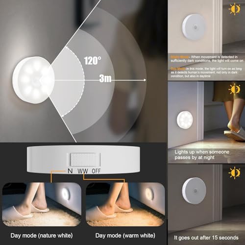 Electight 6 Pack Under Cabinet Lights [with Remote], 16 LEDs Wireless Motion Sensor Light Puck Light, 3 Color Temps Dimmable 3000-6000K, Rechargeable Closet Lights for Cabinet, Closet, Kitchen, Hallway, Stairs - Image 4
