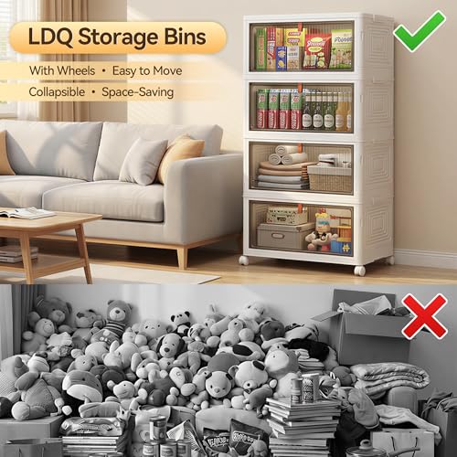 LDQ 4 Tier 136QT Foldable Storage Bins with Lids, Stackable Plastic Organizer Cabinet with Wheels, Multi-Purpose Containers for Living Room, Bathroom, Office & Dorm - Image 3