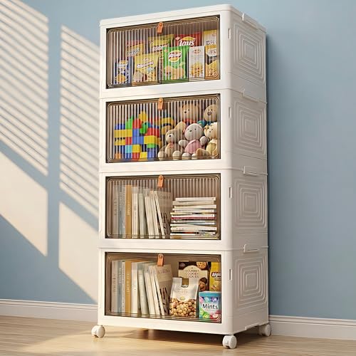 LDQ 4 Tier 136QT Foldable Storage Bins with Lids, Stackable Plastic Organizer Cabinet with Wheels, Multi-Purpose Containers for Living Room, Bathroom, Office & Dorm - Image 1
