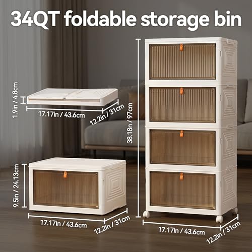 LDQ 4 Tier 136QT Foldable Storage Bins with Lids, Stackable Plastic Organizer Cabinet with Wheels, Multi-Purpose Containers for Living Room, Bathroom, Office & Dorm - Image 2