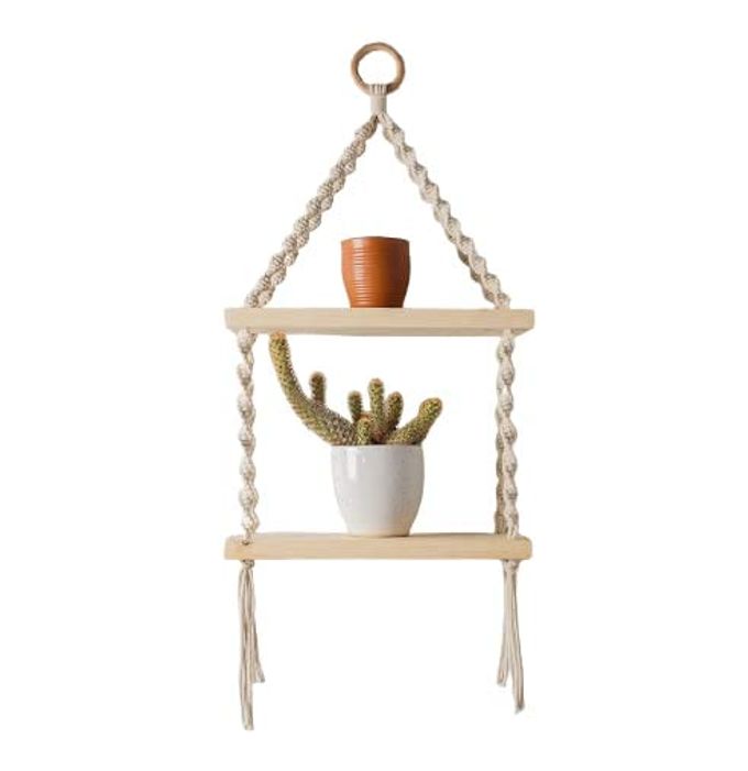 MACRAME DECOR SHELF 2TIER WOODEN FLOATING SHELVES NATURAL BOHO PINE STORAGE STYLISH RACK MULTI FUNCTIONAL FOR ENTRYWAY LIVING ROOMBEDROOMHOMEOFFICEKITCHEN L 68 X 30 WWHITE