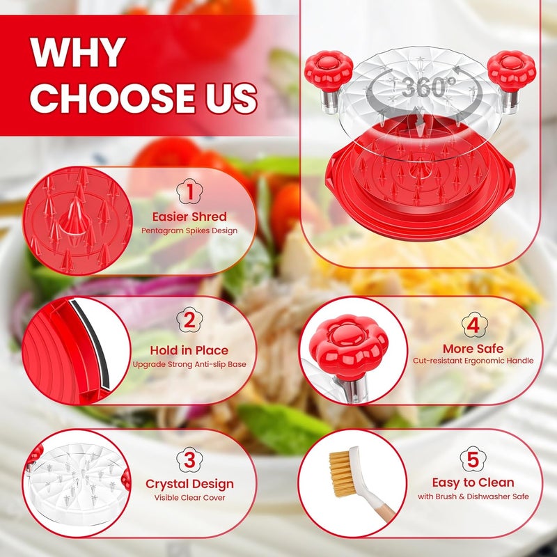 Beiyunee Chicken Shredder Tool Twist Large - 10'' Pro Meat Shredders for Chicken Breast,Visible Kitchen Gadgets Grinder Machine with Brush,Strong Anti-Slip Strip,Ergonomic Handle,BPA Free (Red) - Image 4