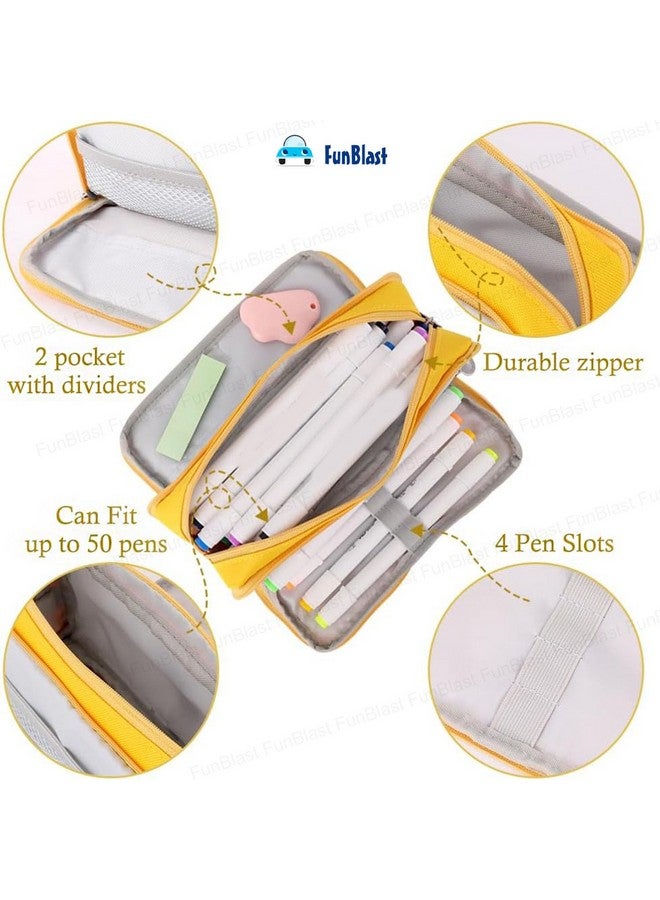 فنبلاست حقيبة أقلام فن بلاست للبنات والأولاد - حقيبة أقلام كبيرة السعة، حقائب أقلام متعددة الأغراض بسحاب، حقيبة أنيقة لطلاب المدارس والجامعات، حقيبة لتنظيم القرطاسية (أصفر) - Image 3