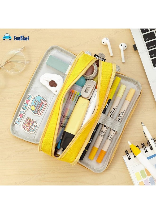 فنبلاست حقيبة أقلام فن بلاست للبنات والأولاد - حقيبة أقلام كبيرة السعة، حقائب أقلام متعددة الأغراض بسحاب، حقيبة أنيقة لطلاب المدارس والجامعات، حقيبة لتنظيم القرطاسية (أصفر) - Image 5