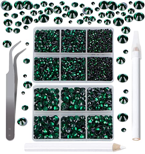 QOGIR 6300pcs Emerald Hotfix Rhinestones for Crafts Clothes DIY with Tweezers and 2 Picking Pens Mixed Size Flatback Rhinestone - Image 1