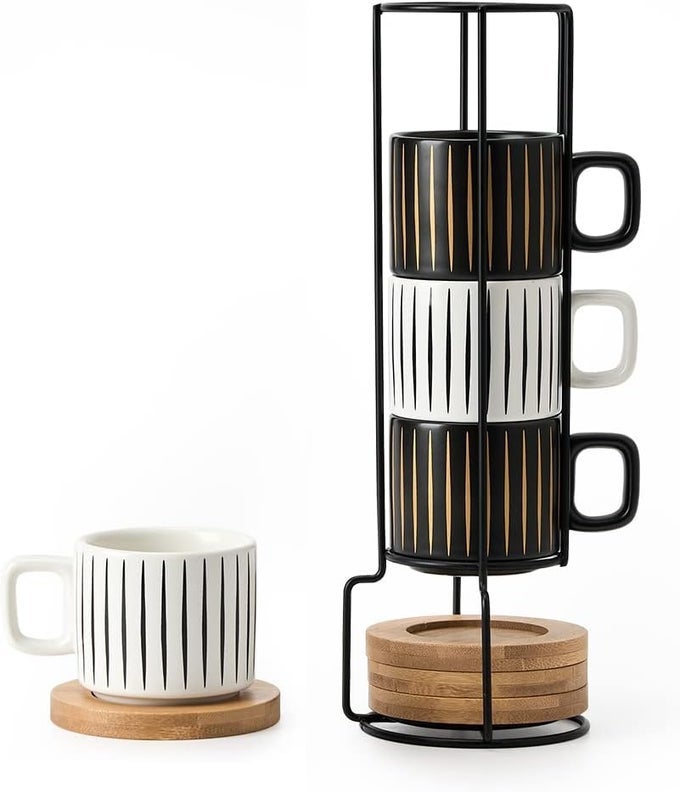 PORCELAIN ESPRESSO CUP WITH SAUCER AND METAL STAND 4 OUNCE STACKABLE CERAMIC DEMITASSE ESPRESSO MUGS CUPS SET FOR LATTE SPECIALTY COFFEE DRINKS CAFE MOCHATEA SET OF 4 WHITE BLACK