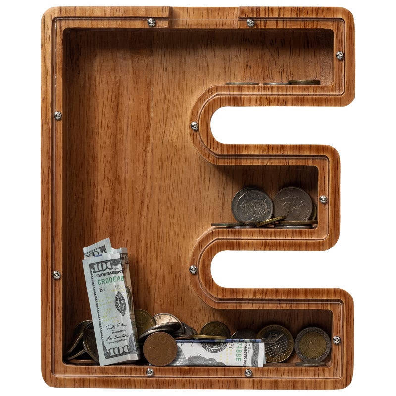 ladenk Piggy Bank for Kids Boys Girls, Wooden Large Letter Piggy Bank Alphabet Money Bank with Initial E, Coin Bank Fun Gifts for Birthday, Christmas, Festival, Baby Shower - Image 2