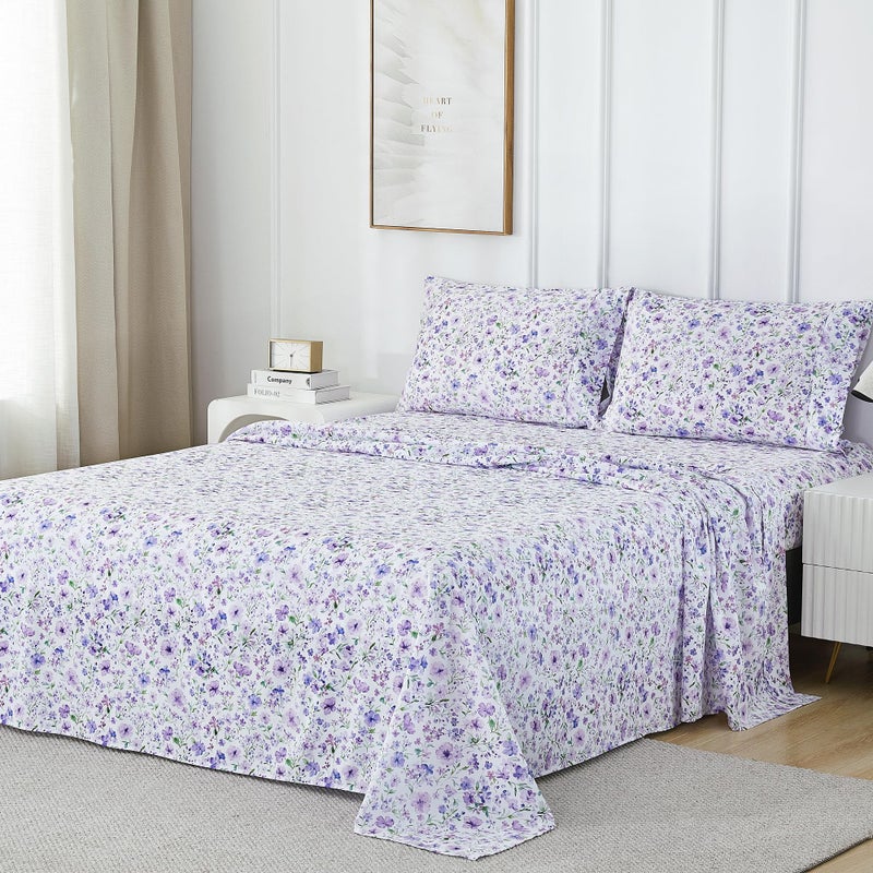 Viviland Floral Full Sheet Set - 4 Piece Vintage Lavender Flower and Leaves Patterned Bed Sheets - Soft, Breathable Microfiber Sheets with Deep Pocket, Non-Slip Fitted Sheets & Pillowcases - Image 2
