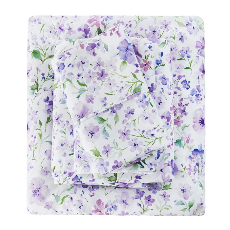 Viviland Floral Full Sheet Set - 4 Piece Vintage Lavender Flower and Leaves Patterned Bed Sheets - Soft, Breathable Microfiber Sheets with Deep Pocket, Non-Slip Fitted Sheets & Pillowcases - Image 1