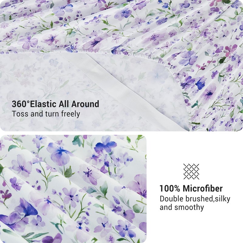Viviland Floral Full Sheet Set - 4 Piece Vintage Lavender Flower and Leaves Patterned Bed Sheets - Soft, Breathable Microfiber Sheets with Deep Pocket, Non-Slip Fitted Sheets & Pillowcases - Image 4