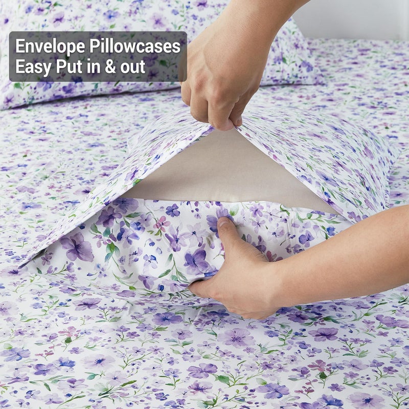 Viviland Floral Full Sheet Set - 4 Piece Vintage Lavender Flower and Leaves Patterned Bed Sheets - Soft, Breathable Microfiber Sheets with Deep Pocket, Non-Slip Fitted Sheets & Pillowcases - Image 5