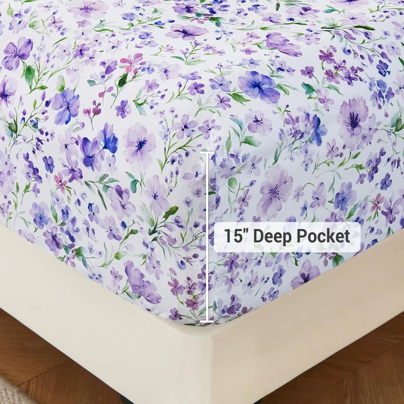 Viviland Floral Full Sheet Set - 4 Piece Vintage Lavender Flower and Leaves Patterned Bed Sheets - Soft, Breathable Microfiber Sheets with Deep Pocket, Non-Slip Fitted Sheets & Pillowcases - Image 3