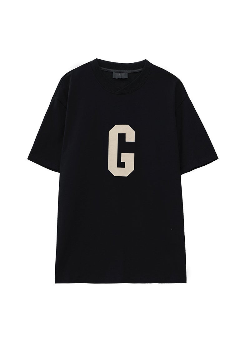 Generic - Fear of God High Street G Letter Flocking Short Sleeve T-Shirt Unisex Loose Fit Summer Casual Cotton round Neck Print Top Black - Image 1