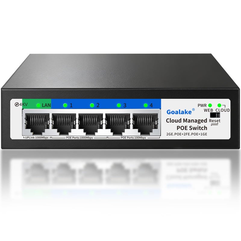 Goalake 5-Port Ethernet PoE Switch (4 PoE Ports, 1 Uplink) with Extend Function, Easy Smart Managed Ethernet Switch, Plug & Play, Fanless Metal Design, VLAN, Qos,Desktop/Wall Mount - Image 1