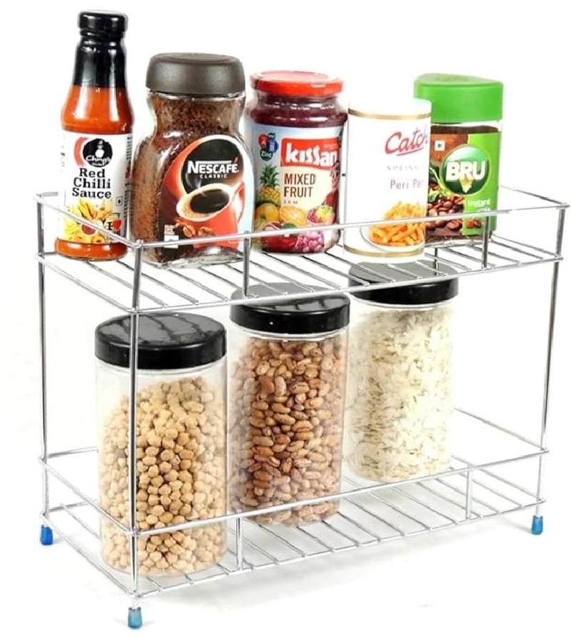 Cri8Hub Heavy Stainless Steel Kitchen Rack, Kitchen Organizer and Space Saver, Counter top Stand 2-Tier Trolley Basket for Boxes Utensils Dishes Plates for Home(Spice Rack), Free Standing, Step Shelf - Image 1