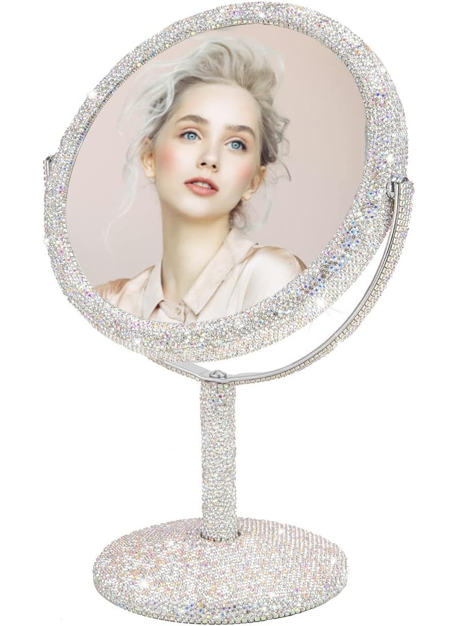 KEYPOWER - KEYPOWER Bling Rhinestone Makeup Vanity Mirror Round with Stand Double Side Cosmetic Glitter Movable Desk Bathroom Bedroom Tabletop(White) - Image 1