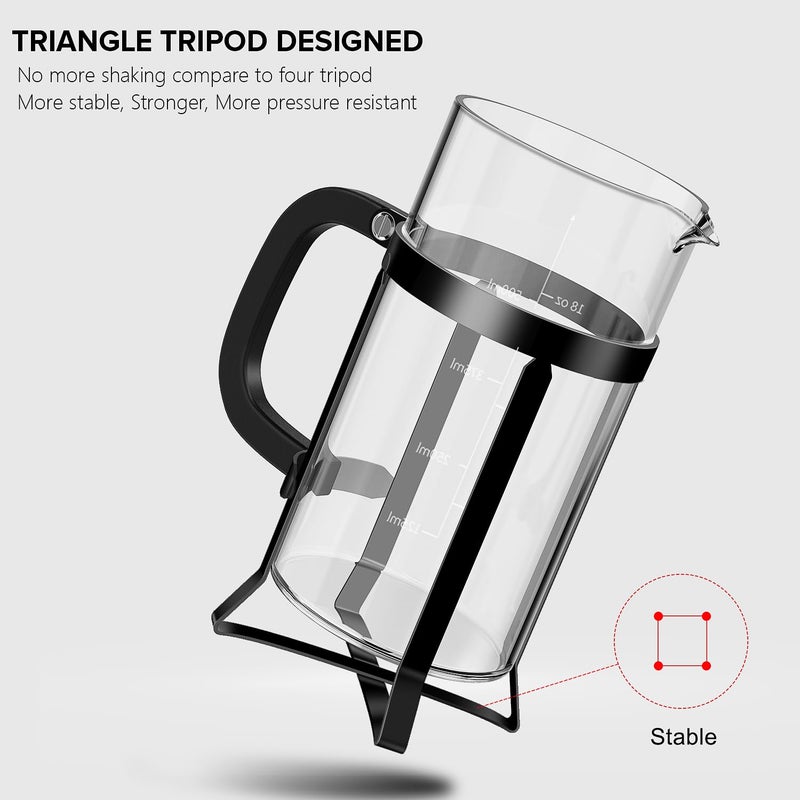 QUQIYSO French Press Coffee Maker 304 Stainless Steel French Press with 4 Filter, Heat Resistant Durable, Easy to Clean, Borosilicate Glass Coffee Press, 100% BPA Free Glass Teapot, 21 ounce, Black - Image 3