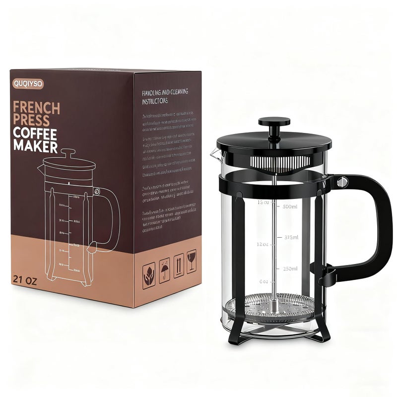 QUQIYSO French Press Coffee Maker 304 Stainless Steel French Press with 4 Filter, Heat Resistant Durable, Easy to Clean, Borosilicate Glass Coffee Press, 100% BPA Free Glass Teapot, 21 ounce, Black - Image 4