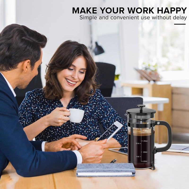 QUQIYSO French Press Coffee Maker 304 Stainless Steel French Press with 4 Filter, Heat Resistant Durable, Easy to Clean, Borosilicate Glass Coffee Press, 100% BPA Free Glass Teapot, 21 ounce, Black - Image 5