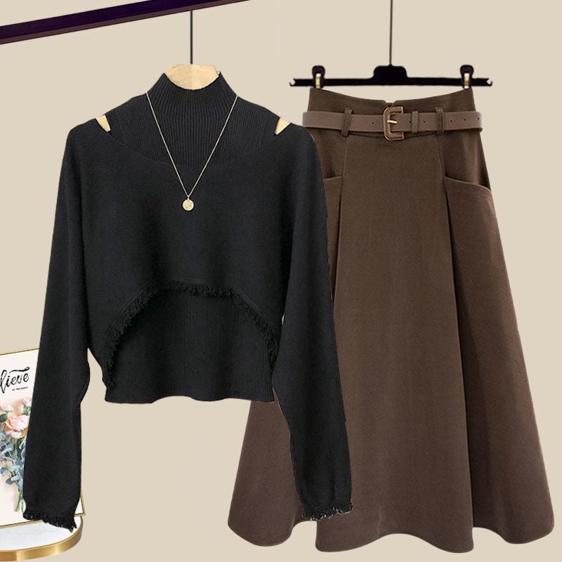 Autumn and winter suit women's 2025 new Hong Kong style retro knitted blouse with high collar vest with skirt three-piece set - Image 4