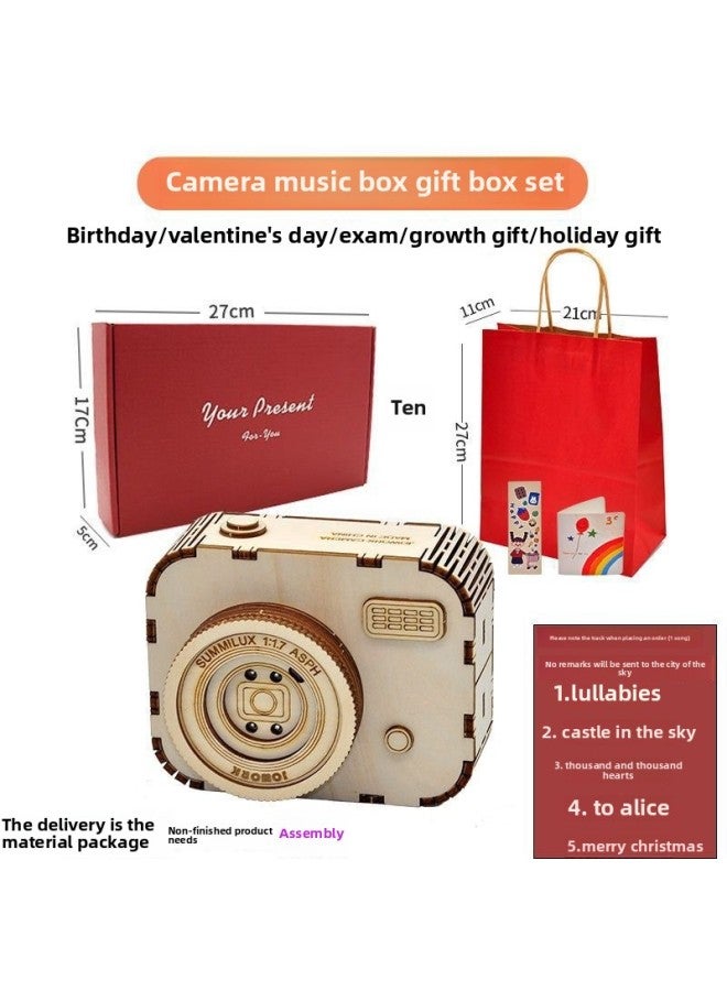 Boys And Girls Tanabata Valentine's Day Hand-operated Diy Hand-made Wooden Assembled Vintage Eight Music Box Birthday Gift-Color:W18-05 Camera Music Box + Gift Box Gift Bag - Image 1