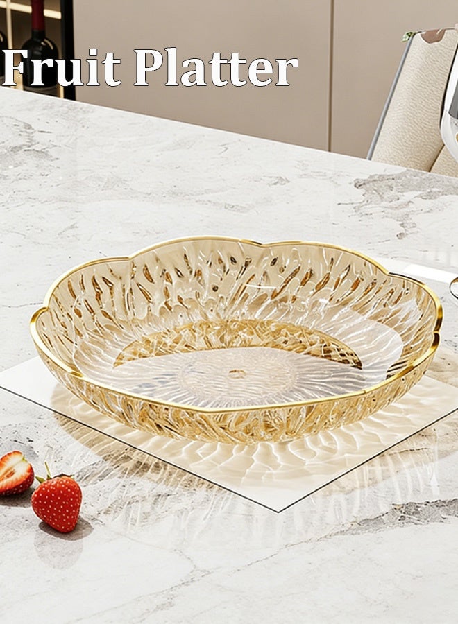 صينية فواكه فاخرة مزينة بحواف ذهبية على شكل بتلات - طبق تقديم أنيق متعدد الوظائف لتزيين المنزل، مناسب لغرفة المعيشة، للوجبات الخفيفة، والحلوى، والمكسرات، والفواكه المجففة، والمشروبات (25 × 4 سم، طبق تخزين مزخرف) - Image 1