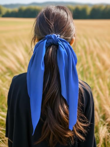 LFOUVRE Pack of 2 Knotted Bow Hair Scrunchies Elastic Hair Scarf Hair Ties Bands Satin Hair Ribbon Scrunchy Ponytail Holder for Women and Girls,Hair Scarf Scrunchies,Hair Accessories (Royal Blue) - Image 3