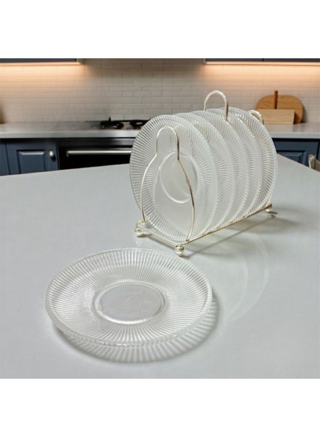 Embossed Clear Small Glass Dessert Serving Plate 6 Pcs Set with an Elegant Stand for Hospitality 11.5 cm with Metal holder - Image 1