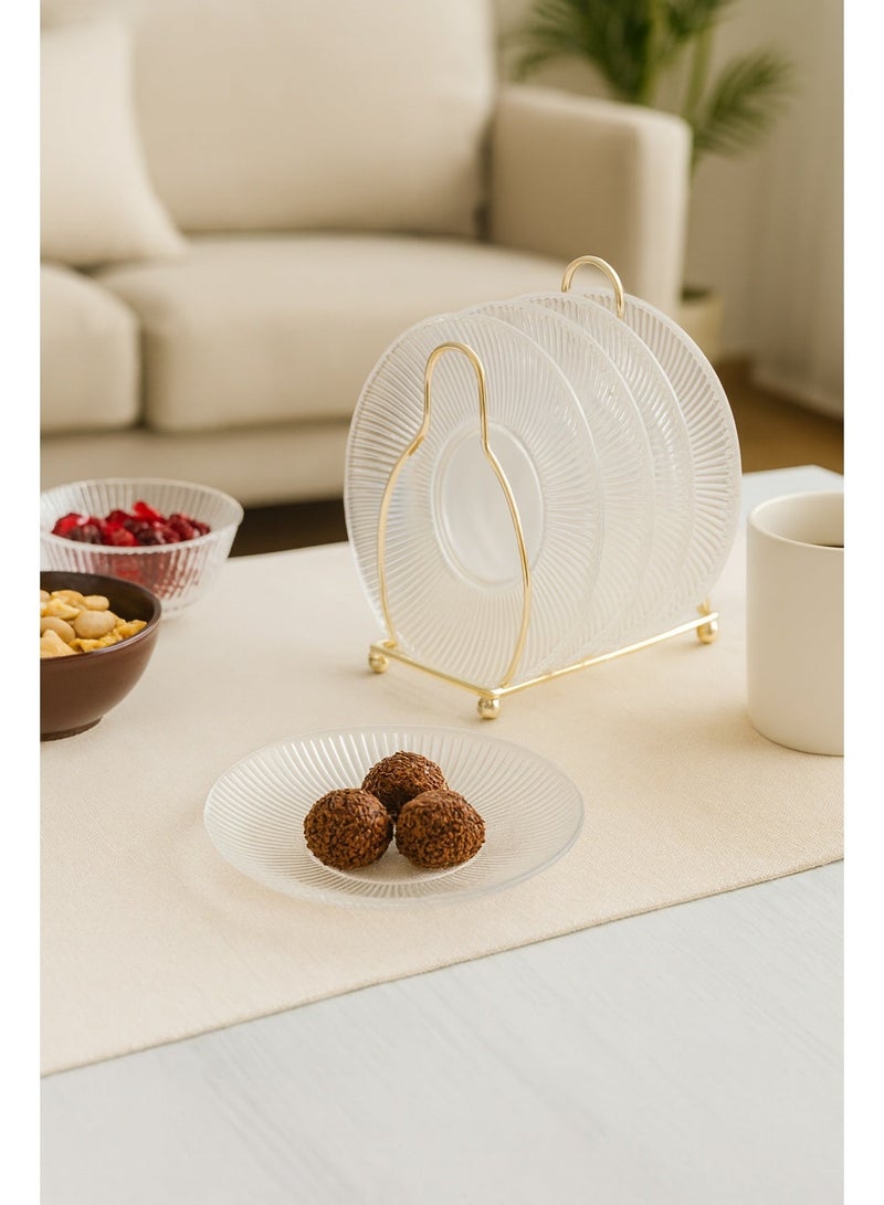 Embossed Clear Small Glass Dessert Serving Plate 6 Pcs Set with an Elegant Stand for Hospitality 11.5 cm with Metal holder - Image 2