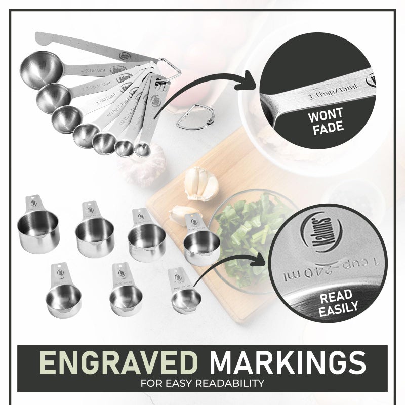 Kaluns Stainless Steel Measuring Cups, Measuring Spoons,16 Piece Measuring Cups and Spoons Set Includes Leveler and Measurements Card, Heavy-duty, Heat and Rust Resistant - Image 4