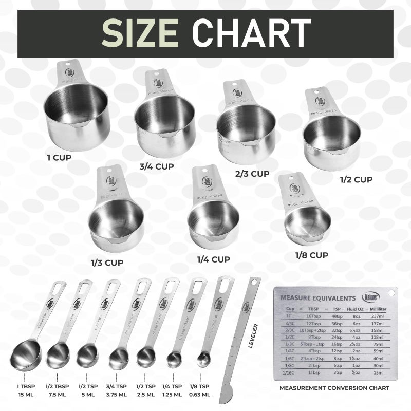 Kaluns Stainless Steel Measuring Cups, Measuring Spoons,16 Piece Measuring Cups and Spoons Set Includes Leveler and Measurements Card, Heavy-duty, Heat and Rust Resistant - Image 3
