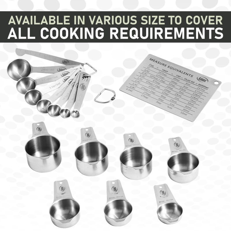 Kaluns Stainless Steel Measuring Cups, Measuring Spoons,16 Piece Measuring Cups and Spoons Set Includes Leveler and Measurements Card, Heavy-duty, Heat and Rust Resistant - Image 2