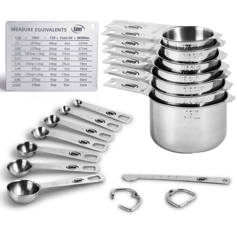 Kaluns Stainless Steel Measuring Cups, Measuring Spoons,16 Piece Measuring Cups and Spoons Set Includes Leveler and Measurements Card, Heavy-duty, Heat and Rust Resistant - Image 1