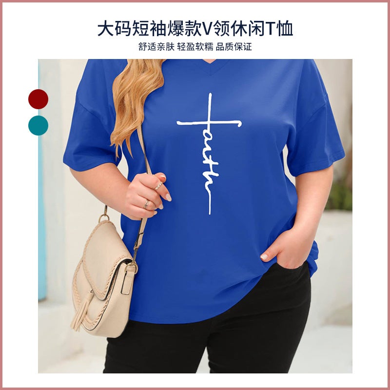 Popular Extra-Large Short-Sleeve V-Neck Casual T-Shirt With Faith Letter Print, Versatile And Trendy, Loose Fit - Image 2