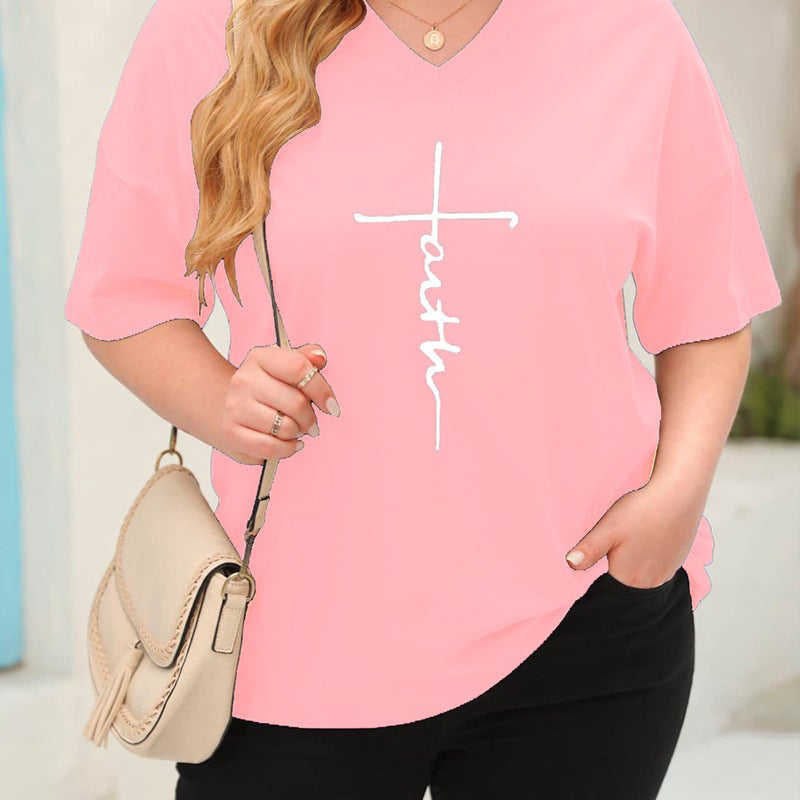Popular Extra-Large Short-Sleeve V-Neck Casual T-Shirt With Faith Letter Print, Versatile And Trendy, Loose Fit - Image 3