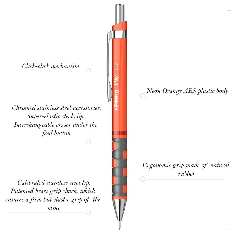Rotring 07mm Mechanical Clutch Lead Pencil Tikky for Smooth Writing Drafting Drawing Neon Orange Barrel Stationery - Image 3