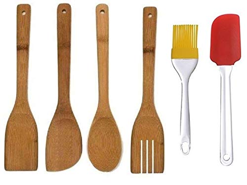 miRim Non-Toxic & Non-Stick Wooden & Silicon Spatula Kitchen Tool Long Handle Cooking Utensils - Healthy and Natural Wooden Set of (4+2) - Image 1