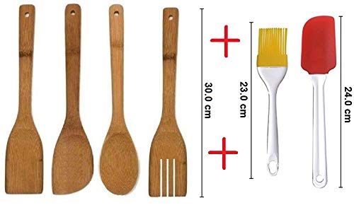miRim Non-Toxic & Non-Stick Wooden & Silicon Spatula Kitchen Tool Long Handle Cooking Utensils - Healthy and Natural Wooden Set of (4+2) - Image 2