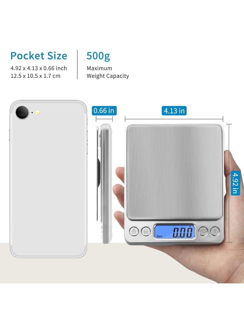 Gonice Digital Gram Scale 500g 0.01g Food Scale High Precision Kitchen Scale Multifunctional Stainless Steel Pocket Scale with Back-Lit LCD Display Tare PCS Features Silver - Image 2
