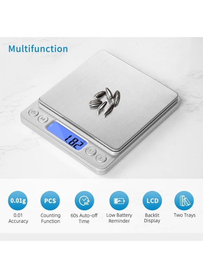 Gonice Digital Gram Scale 500g 0.01g Food Scale High Precision Kitchen Scale Multifunctional Stainless Steel Pocket Scale with Back-Lit LCD Display Tare PCS Features Silver - Image 5