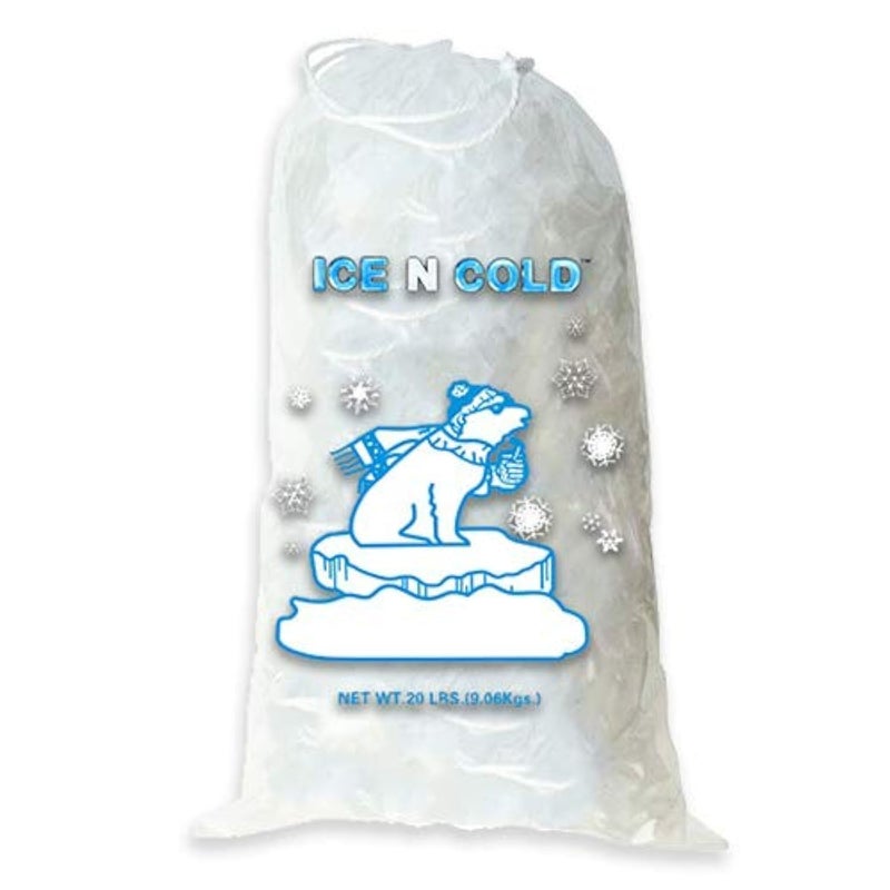 ICE N COLD Ice Bags with Drawstring Closure 20lb 100ctcs 50 mic Thickness Portable Storage and Freezer Keeper
