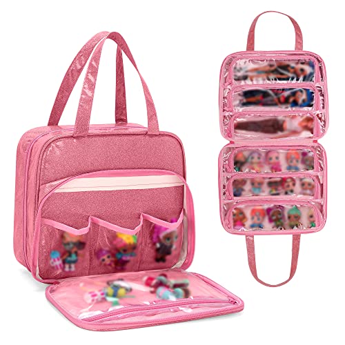 LoDrid Doll Tote Carrying Case Compatible with LOL Surprise Dolls All Hanging Organizer Storage Bag with 6 Clear Window Pockets Bag Only PinkPatent Design - Image 1