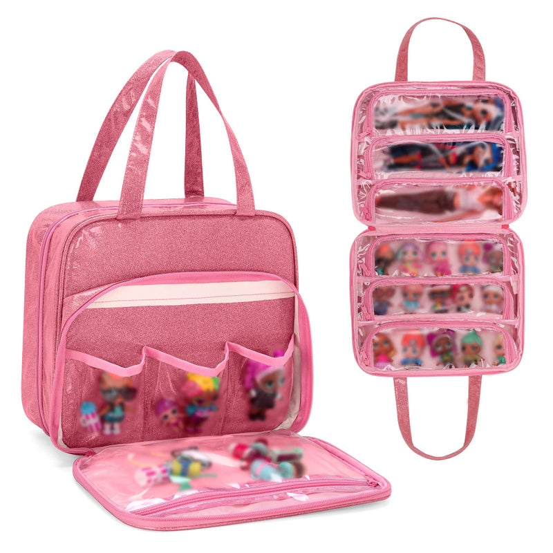 LoDrid Doll Tote Carrying Case Compatible with LOL Surprise Dolls All Hanging Organizer Storage Bag with 6 Clear Window Pockets Bag Only PinkPatent Design - Image 2