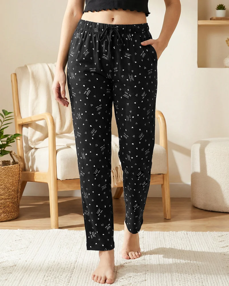 bewakoof Women's Jet Black All Over Printed Pyjamas