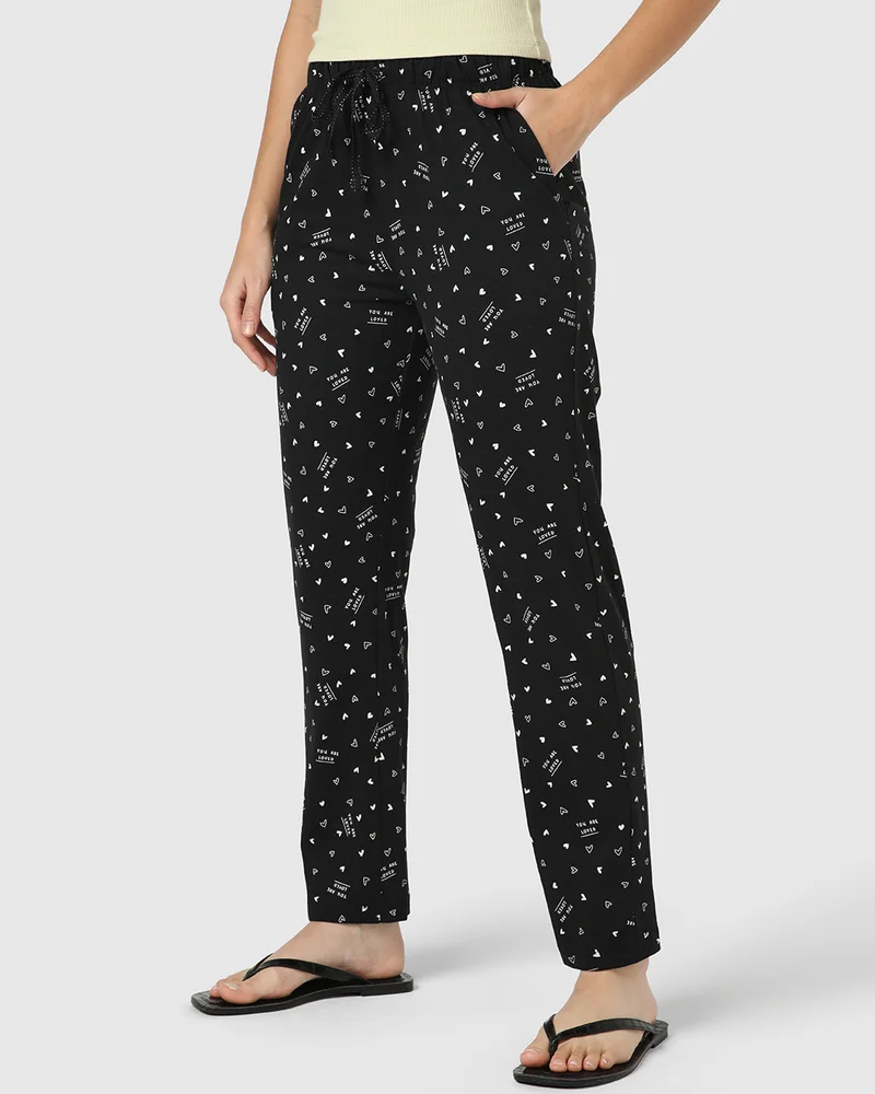 bewakoof Women's Jet Black All Over Printed Pyjamas