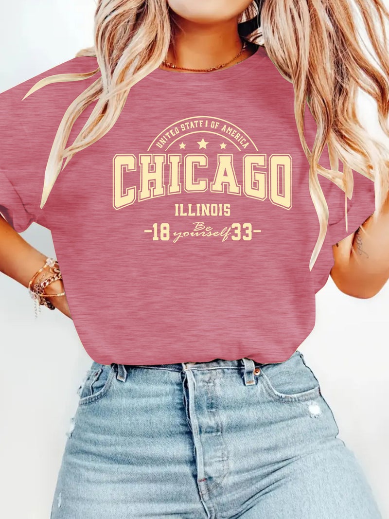 round neck fashion CHICAGO top women's T-shirt loose short sleeve - Image 1