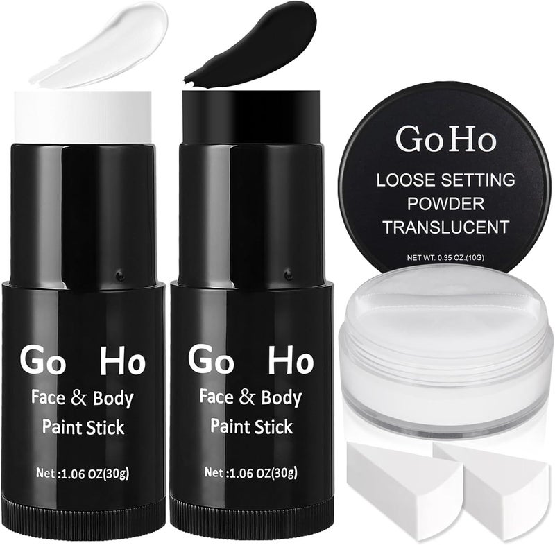 Go Ho White and Black Face Paint Stick with Setting Powder2 PC White Sponges SetWaterproof Fullcoverage Face Body Paint for Halloween Costumes Clown Skeleton Vampire Skull Cosplay Makeup