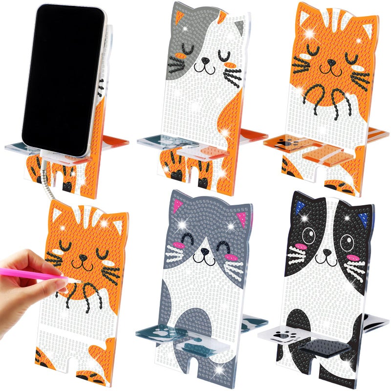 Saillong 4 Pcs Kawaii Cat Diamond Painting Cell Phone Stand DIY Full Drill Crystal Diamond Art Phone Holder Bling Painting Art Craft Kits for Beginner Adult - Image 1