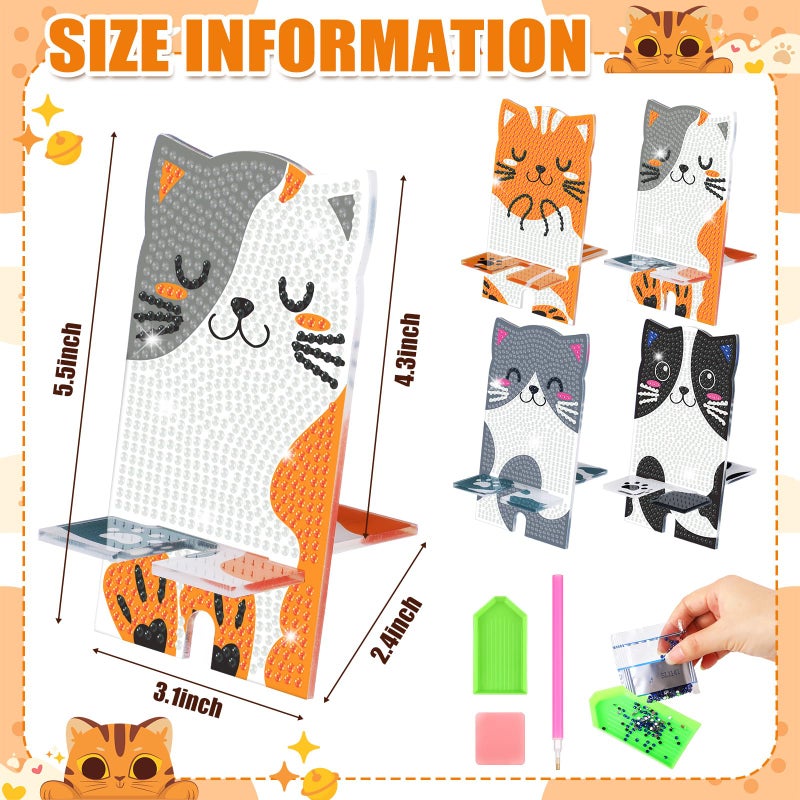 Saillong 4 Pcs Kawaii Cat Diamond Painting Cell Phone Stand DIY Full Drill Crystal Diamond Art Phone Holder Bling Painting Art Craft Kits for Beginner Adult - Image 4
